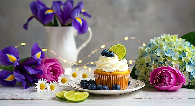 cupcake with lemon slice and blueberries, surrounded by fresh flowers, daisies, and a white pitcher with purple irises, set against a rustic wooden table.