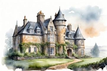 Fototapeta premium Elegant stone mansion surrounded by greenery and a winding pathway in a tranquil setting