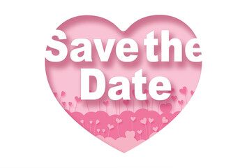 save the date,Paper cut pink heart and inscription text inside, pink background