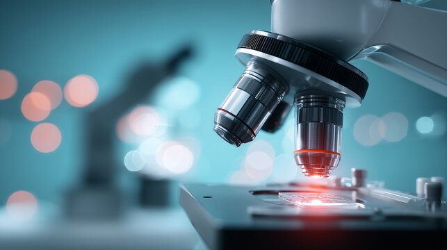 Close-up of microscope lens analyzing illuminated sample, soft bokeh background. Precision scientific glass-metal instrument for medical research, clinical labs, biotechnology & forensic analysis