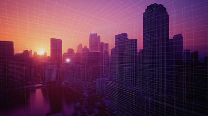 Twilight city skyline with digital grid overlay and high towers