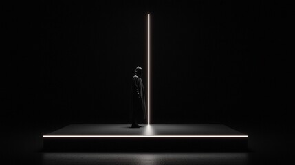 Vertical White Beam Piercing Dark Room with Solitary Figure