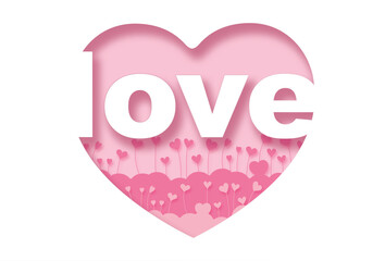 love .Paper cut pink heart and inscription text inside, pink background