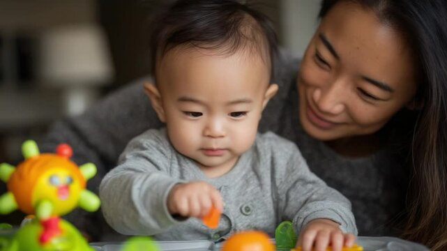 Mother's Love and Baby's Curiosity: A heartwarming scene of a baby exploring with the adoring gaze of a mother, capturing the sweetness of family and the simple joys of early childhood.