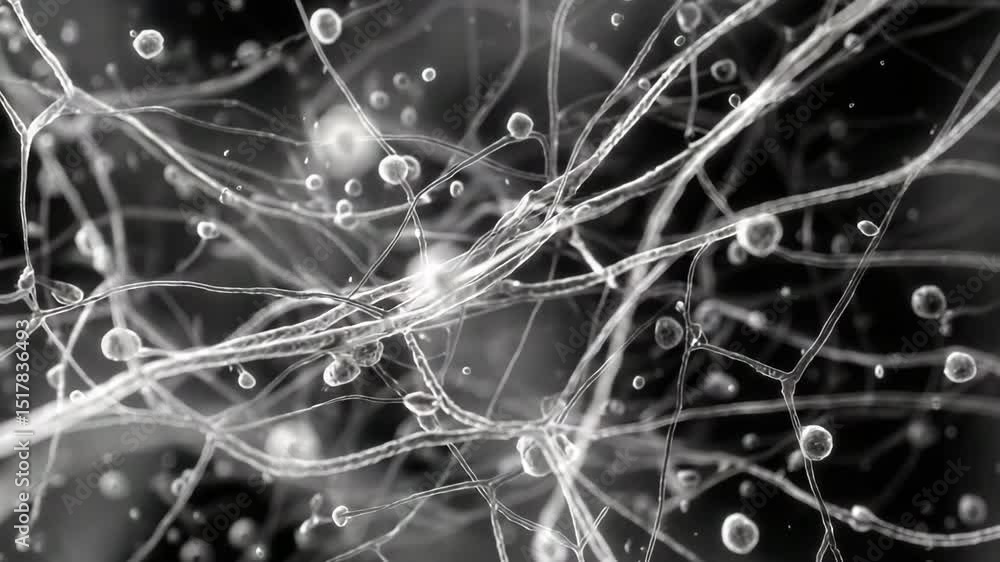 Poster complex network of neurons firing and exchanging information through synapses, creating a dynamic vi
