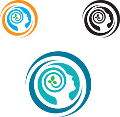 Three circular icons with stylized human profiles and spirals symbolizing ideas, paired with green leaves. Variants in orange-blue, teal-dark blue, and black-white reflect wellness and growth.