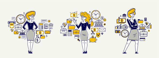 Business person analyzing and organizing financial deals vector outline illustration set, entrepreneur company leader working on some commercial project.