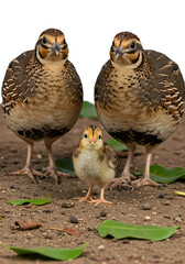 Fototapeta premium Portrait close-up of three wild quail and a baby quail standing on a muddy floor with green leaves, all looking at the camera. Isolated on a clean white background — perfect for wildlife, educational,