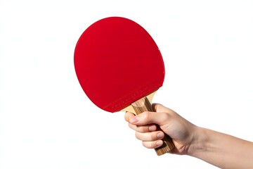 A hand holds a red ping pong paddle against a white background.