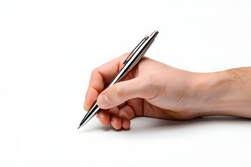 A hand holding a silver pen ready to write on a white background.