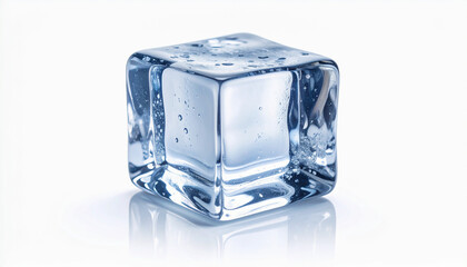 Single Ice Cube with Clear Edges and Bubbles on White Background