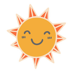 Illustration of a happy sun with orange rays and a smiling face on a white background design element