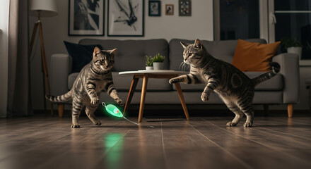 Playful Tabby Cats Engaging in Lively Indoor Game