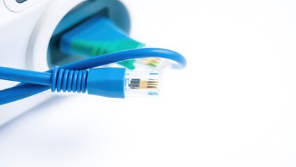 A close up shot of blue ethernet cables plugged into a white surge protector on a white background