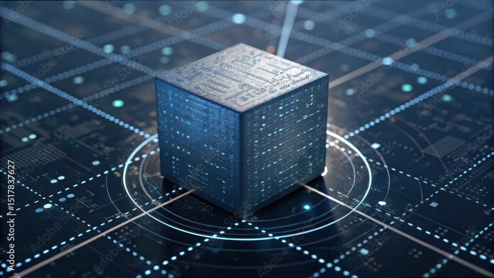 Poster Floating Cube on Digital Grid with Code and Data Representation