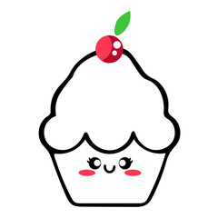 Illustration of a cute cupcake with a cherry on top and a smiling face with rosy cheeks design