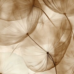 Sepia-toned close-up of delicate, translucent seed heads, overlapping and revealing intricate vein structures