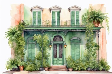 Fototapeta premium Charming historic house in vibrant green hues with lush plants on a sunny day in a coastal neighborhood