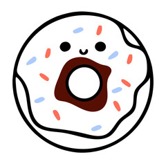 A cute cartoon donut with white frosting and colorful sprinkles and a chocolate center with a smile face