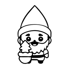 Illustration of a cute gnome with a pointed hat and beard holding a christmas tree in black and white