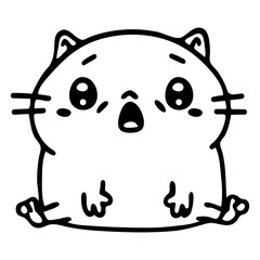 A simple, cute cartoon drawing of a chubby, round cat with big, round eyes, a small nose, and a wide open mouth as if it's meowing. 