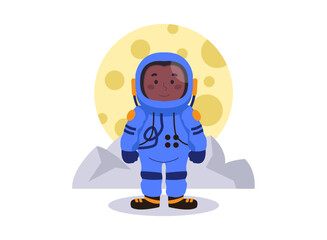 Dark-skinned male astronaut in spacesuit. Against the backdrop of a large moon and mountain. Vector graphics.