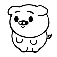 A simple, cute, black and white cartoon drawing of a piglet with a round body and a small, round snout. 