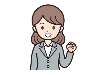 スーツ姿の女性ビジネスマンが笑顔でガッツポーズをするイラスト