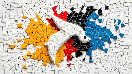 Vibrant Mosaic Letterform Art with Yellow Red Blue and Black Tiles