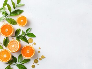 Vibrant Oranges and Green Leaves on White Background