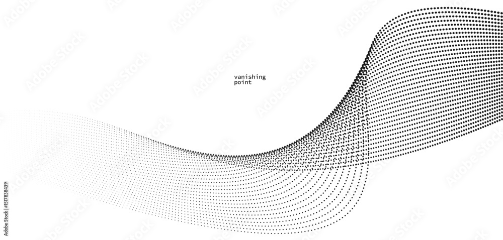 Poster wave of flowing vanishing particles vector abstract background, curvy lines dots in motion relaxing 