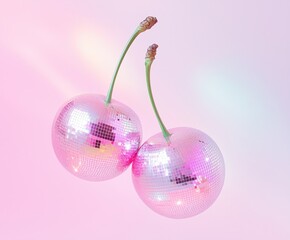 Two glossy pink cherries made from disco balls on a soft pastel background. Trendy surreal pop-art concept, perfect for party themes, music covers, or modern lifestyle designs..