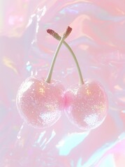 Two sparkling pink cherries made of sequins against an iridescent pastel background. Dreamy surreal concept ideal for fashion, music, or party-themed visual content..