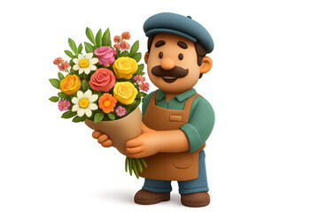 Whimsical Flower Vendor Holding a Colorful Bouquet of Fresh Flowers