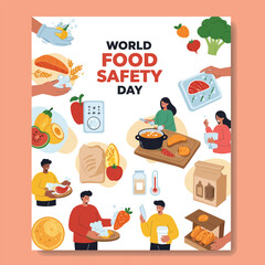 Food Safety Day (WFSD) celebrated on 7 June every year, aims to draw attention and inspire action to help prevent, detect and manage foodborne risks. Vector illustration.