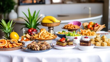 A buffet table laden with a variety of foods including desserts fruits and savory dishes presented elegantly