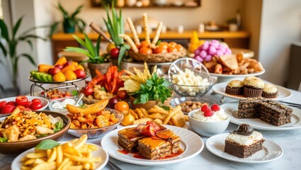 Fototapeta premium An abundant buffet table filled with a variety of foods and desserts displayed in a bright setting