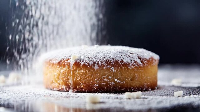 Powdered sugar falling onto a freshly baked cake, creating a sweet and tempting treat