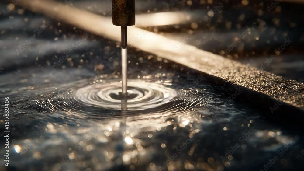Poster steady water stream flowing from a nozzle forms expanding concentric ripples and splashing droplets 