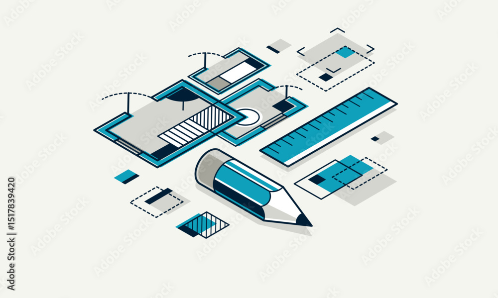 Poster engineer at work concept, engineering job, paper document blueprint engineering vector 3d isometric 
