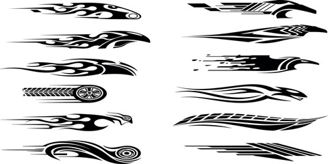 Collection of abstract black and white tribal flames and speed graphics for car decals