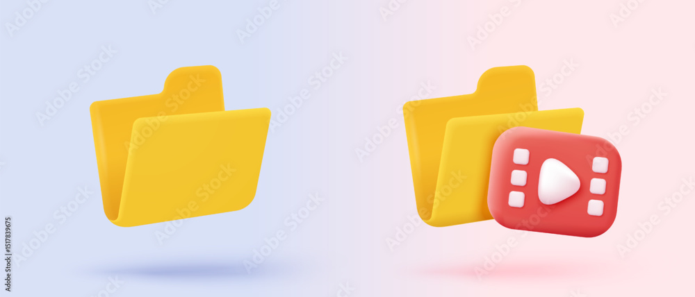 Aufkleber 3d folder and paper for management multimedia movie file, paperwork multiple signs on database. imag