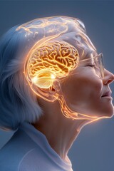 Conceptual image of a middle-aged woman&rsquo;s face, half in soft light and half in transparent x-ray style showing the ear canal connected to the brain