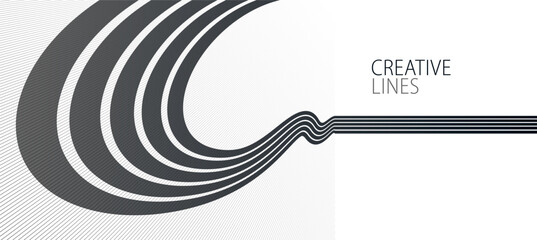3D black and white lines in perspective abstract vector background, linear perspective illustration op art.