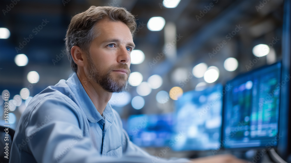 Poster industrial engineer monitoring real-time data automation systems