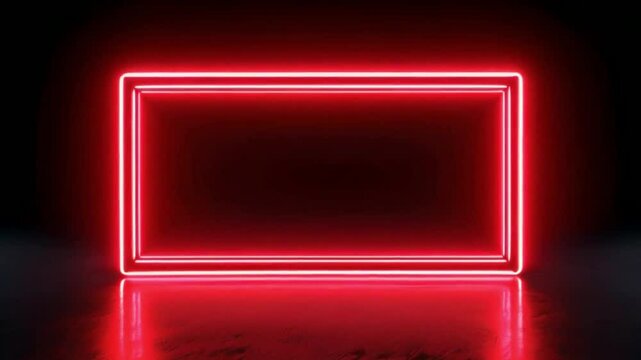 A red rectangular neon light frame with a double border on a dark reflective surface background