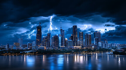 Fototapeta premium A moody urban skyline with glowing tech veins and stormy hues