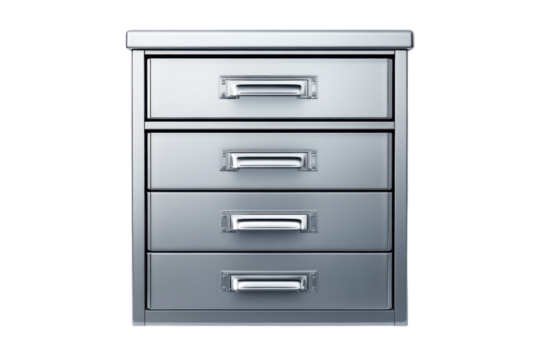 Sleek silver metal filing cabinet with four drawers a symbol of organized on transparent background