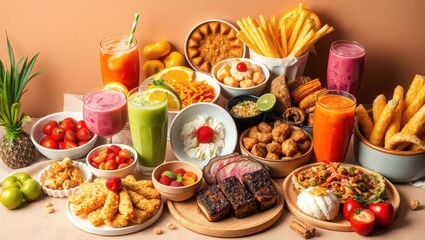 An assortment of colorful and delicious foods and drinks displayed on a neutral surface backdrop