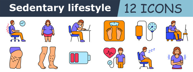 Fototapeta premium Sedentary lifestyle set icon. Chair sitting, spine pain, overweight, man at desk, scales, IV bag, pressure monitor, man on couch, cellulite, varicose leg, low battery, heart check, sleepy